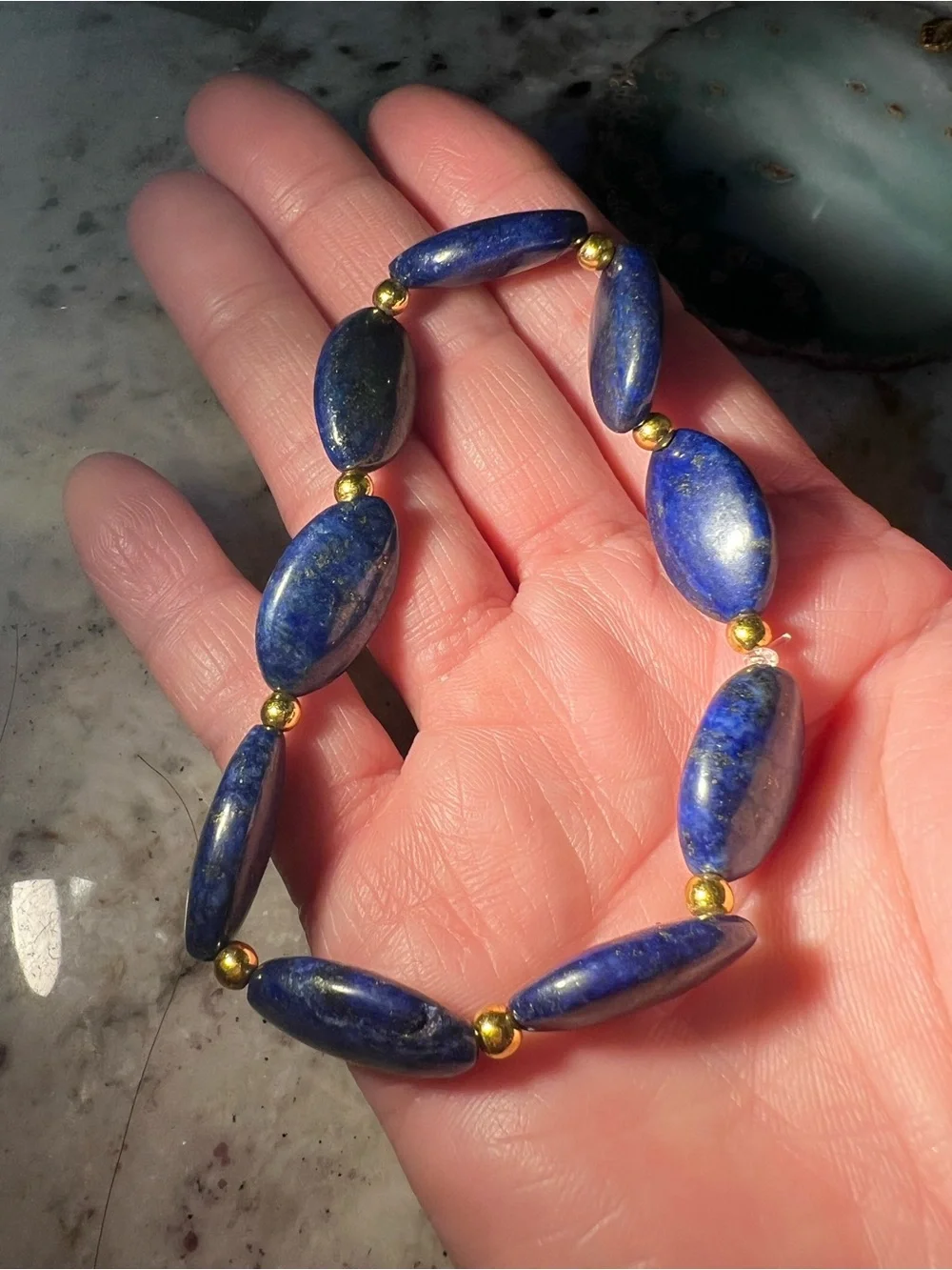 Lapis Lazuli Beaded Stretch Bracelet - Deep Blue with Gold Accent
